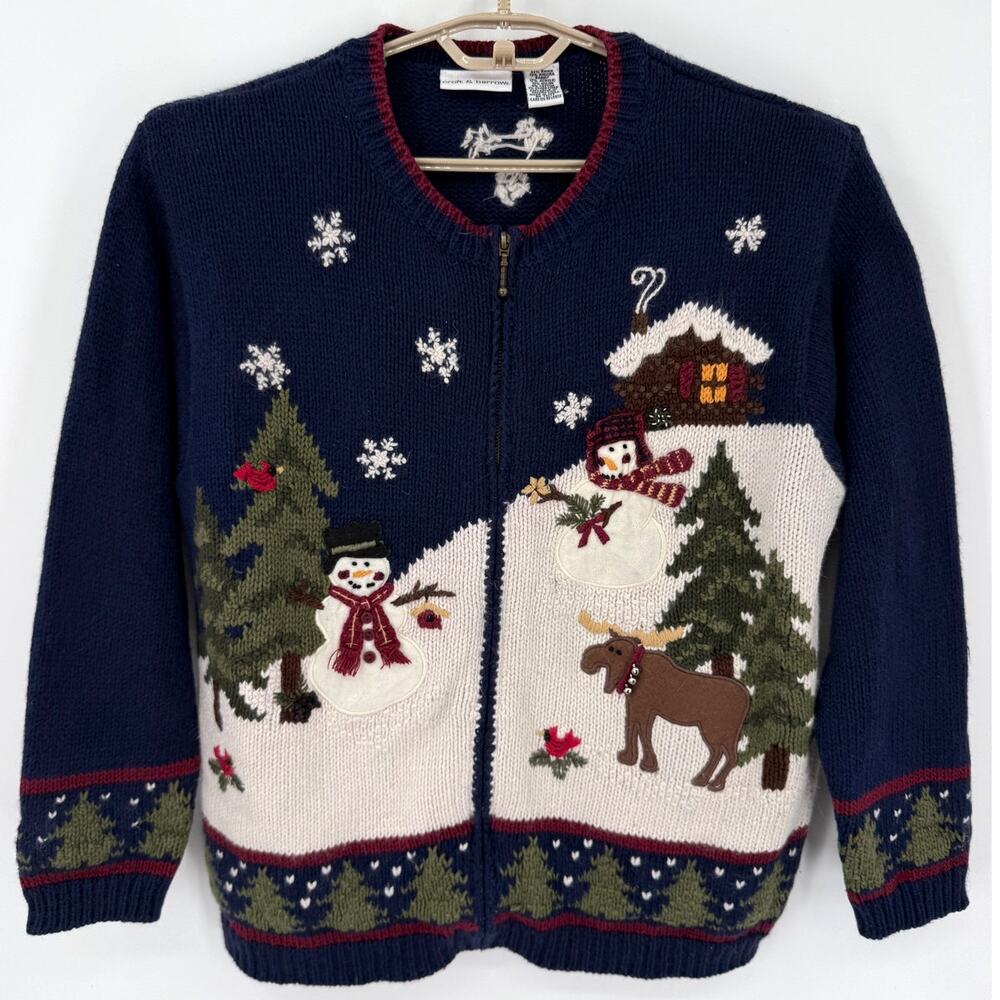 Croft & Barrow Vintage Snowman Winter Moose Cardinal Cardigan Zip Sweater Large